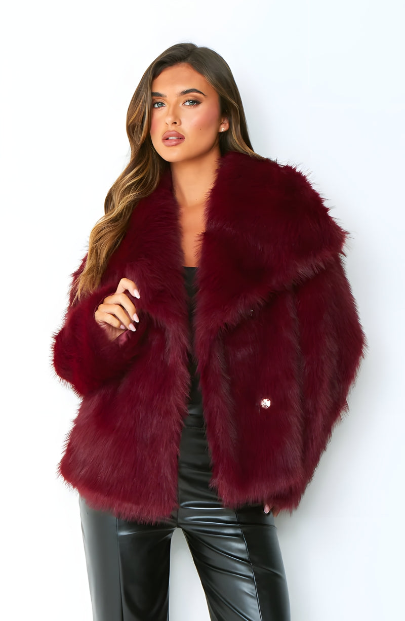 SOFIA FAUX FUR COAT - WINE