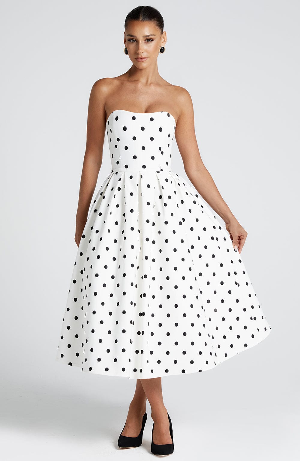 Edith Midi Dress - Black Polka Dot Print